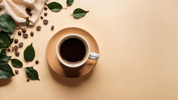 Coffee Cup on a table with leaves and coffee beans cream background flat lay 03