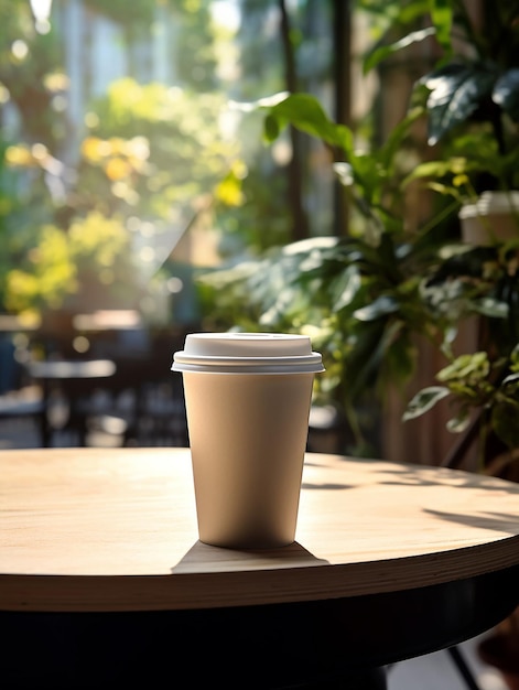 a coffee cup on a table with the sun shining through the window