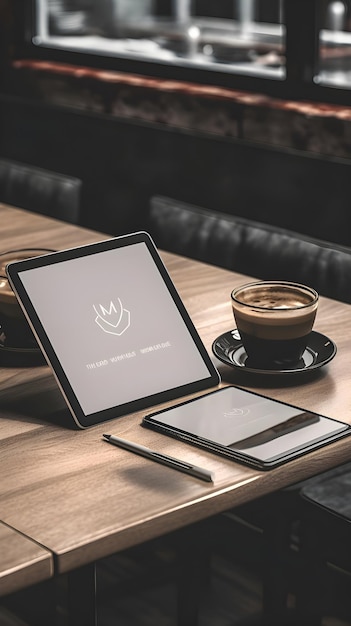 Coffee cup and tablet on wooden table in coffee shop