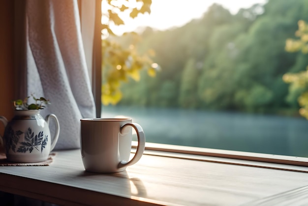 Photo coffee cup and tea cup on a window sill