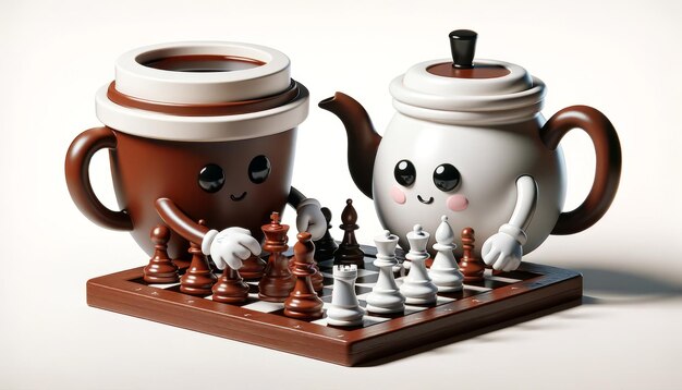 Foto coppa di caffè e teiera partita di scacchi 3d render