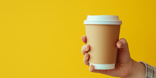 Шаблон кофейной чашки, который человек держит пустой пустой макет желтый мягкий изолированный фон