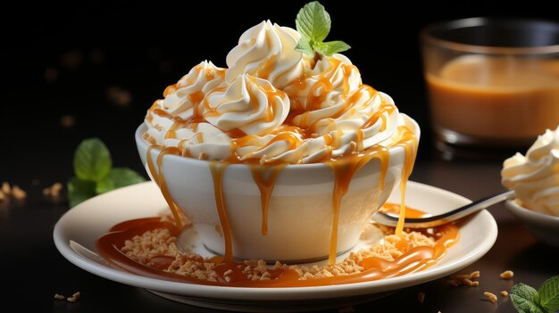 Coffee cup topped with caramel syrup and a swirl of whipped cream AI generate