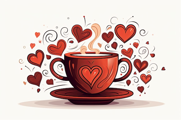 Coffee cup and Valentines Day elements doodle line art illustration
