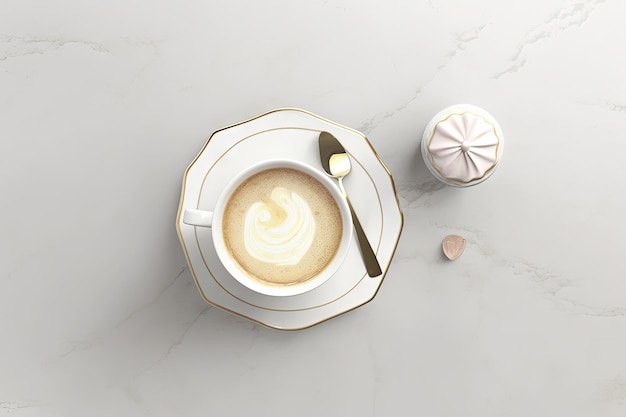 Кофейная чашка на фоне белого стола Вид сверху Утренний кофе Абстрактная генеративная иллюстрация AI