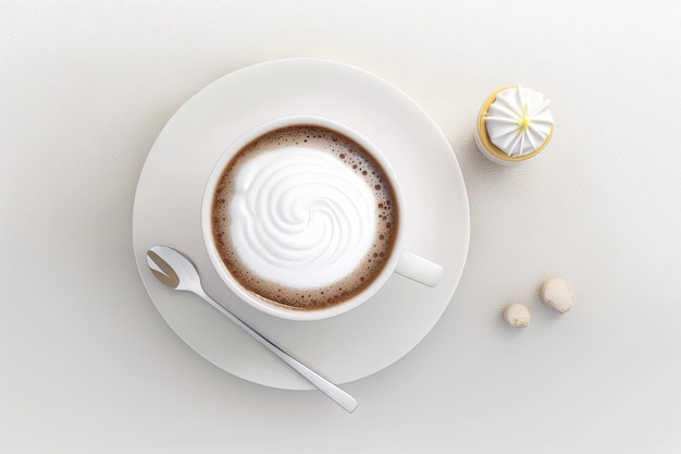 Кофейная чашка на фоне белого стола Вид сверху Утренний кофе Абстрактная генеративная иллюстрация AI