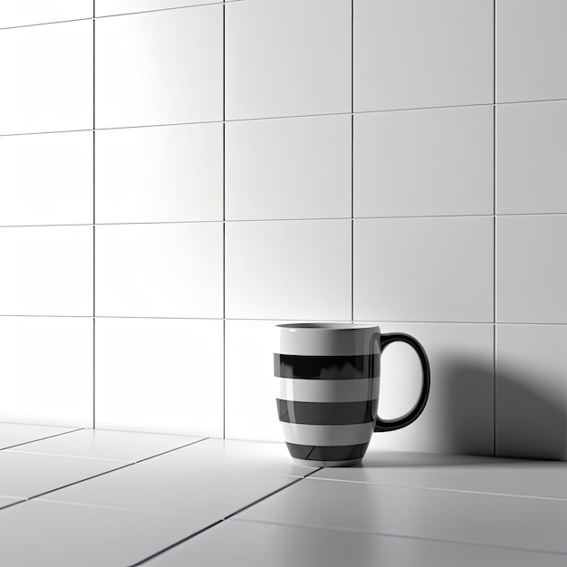 Coffee cup in a white tile wall