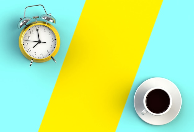 Coffee cup with alarm clock on yellow and blue background