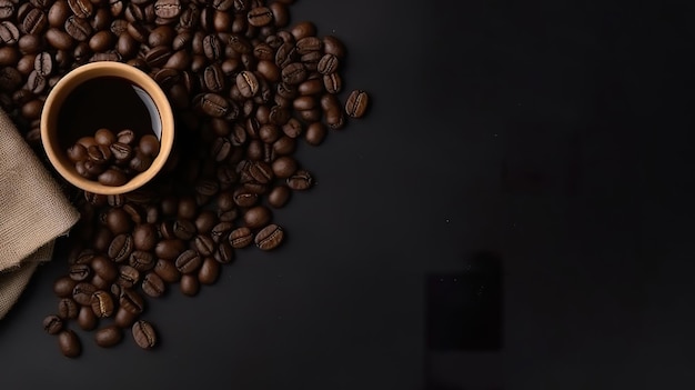 Coffee cup with beans inside and coffee beans on dark background