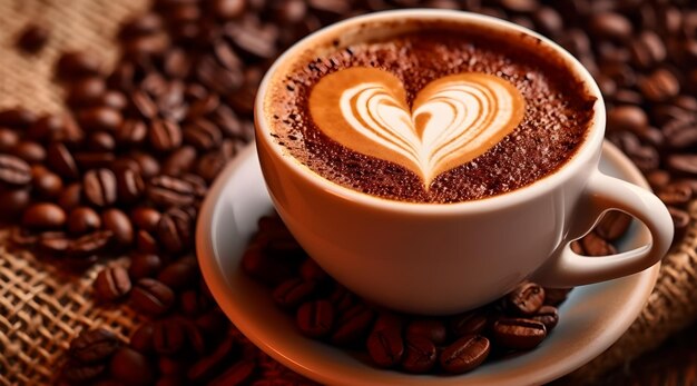 Photo coffee cup with beautiful heart shaped foam