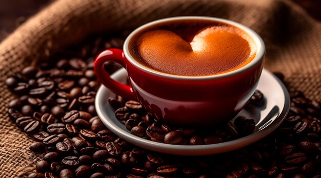 Photo coffee cup with beautiful heart shaped foam