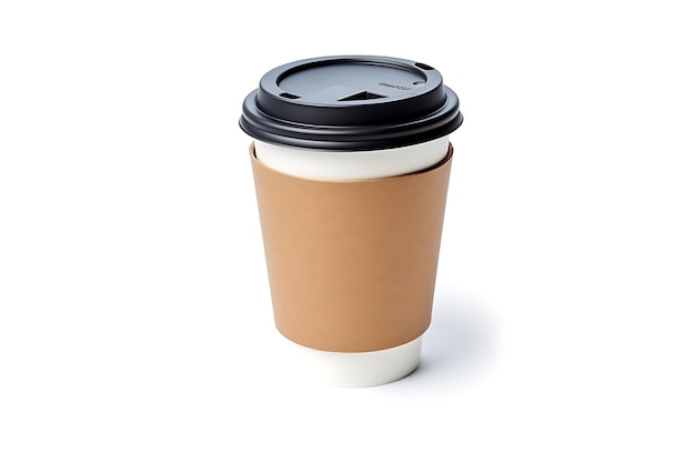 A coffee cup with a black lid isolated on white background