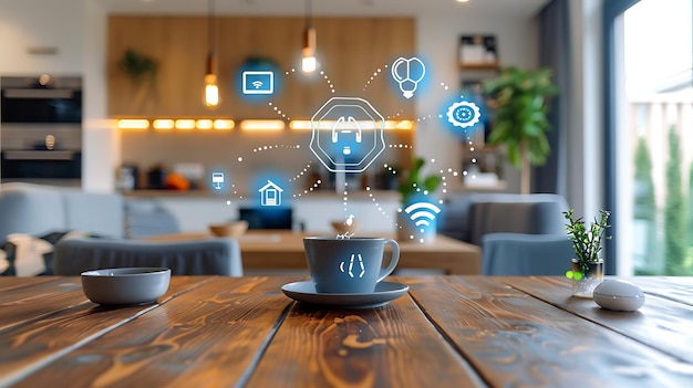 a coffee cup with a blue screen and a cup of coffee on the table