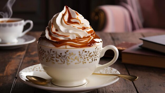 Coffee cup with caramel and whipped cream