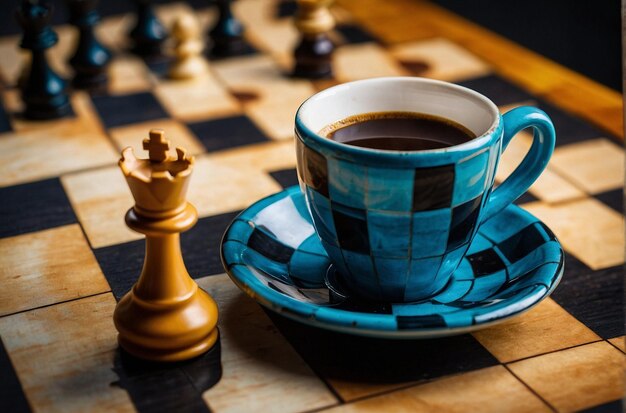 Coffee cup with a chessboard and ches