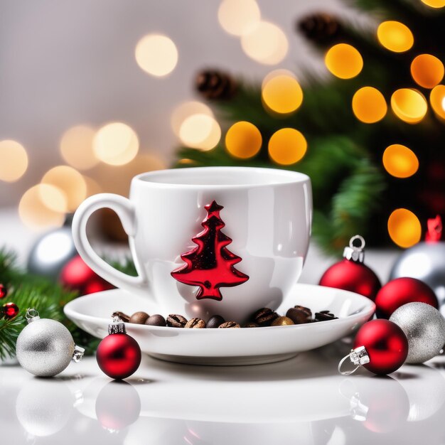 Coffee cup with Christmas ornaments and decoration on white background