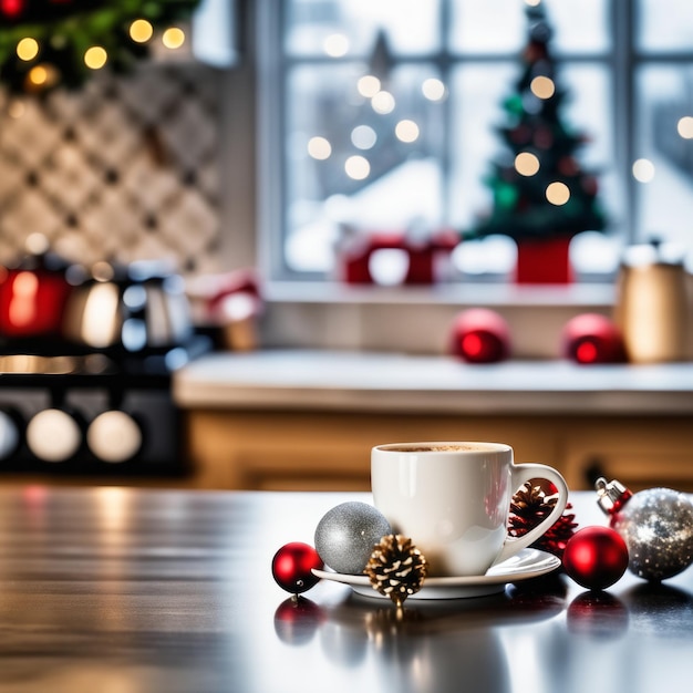 Coffee cup with Christmas ornaments and decoration on wooden background