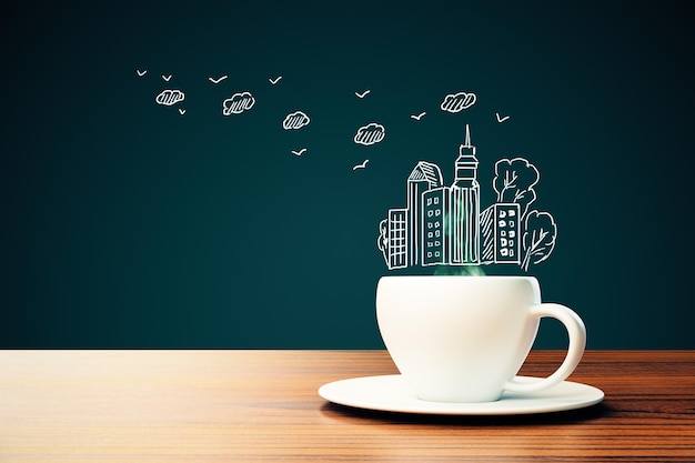 Coffee cup with city drawing