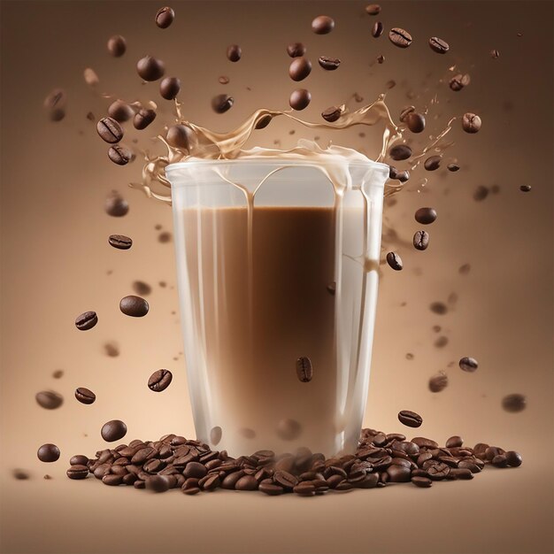 Coffee Cup with coffee bean and milk splash around it photography