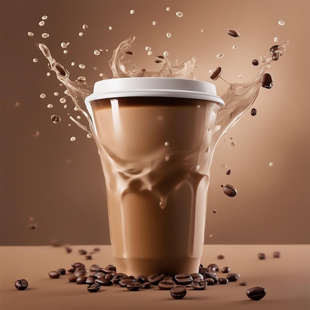 Чашка кофе с кофейными бобами и молоком вокруг нее фотография
