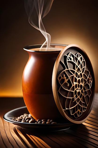 A coffee cup with a coffee beans on it