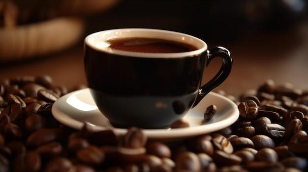 coffee cup with coffee beans on table Generative AI illustrator