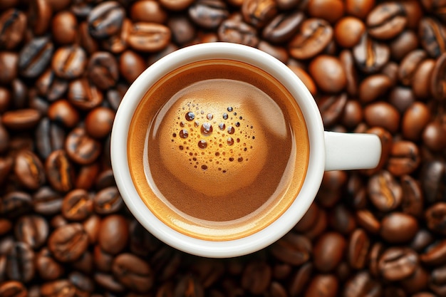 コーヒー豆のコーヒーカップ トップビュー 新鮮なエスプレッソのカップ 焼きコーヒー豆を背景にクローズアップ