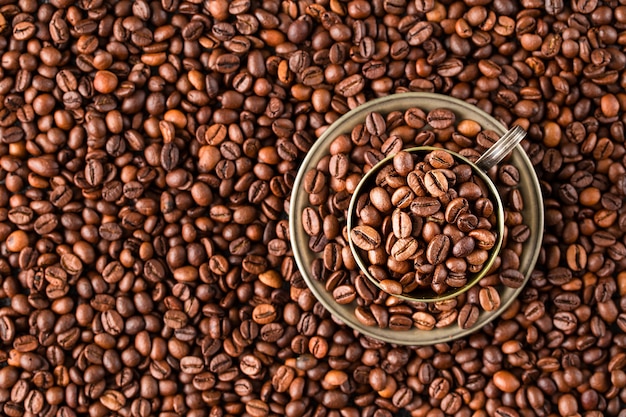 Coffee Cup with coffee beans. Top view