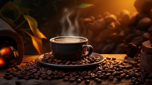 木製の背景にコーヒー豆が描かれたコーヒーカップ