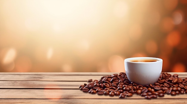 Coffee cup with coffee beans on wooden table background