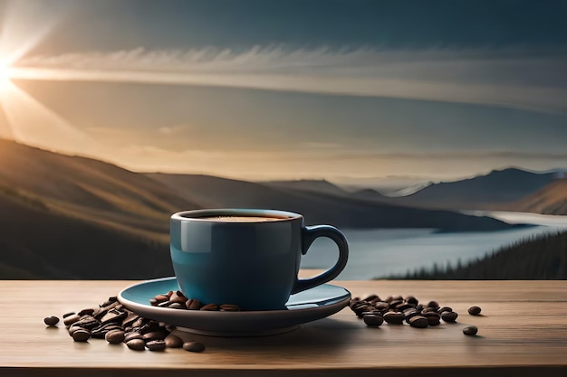 나무 테이블에 원두 커피가 있는 커피 컵과 배경에 있는 자연