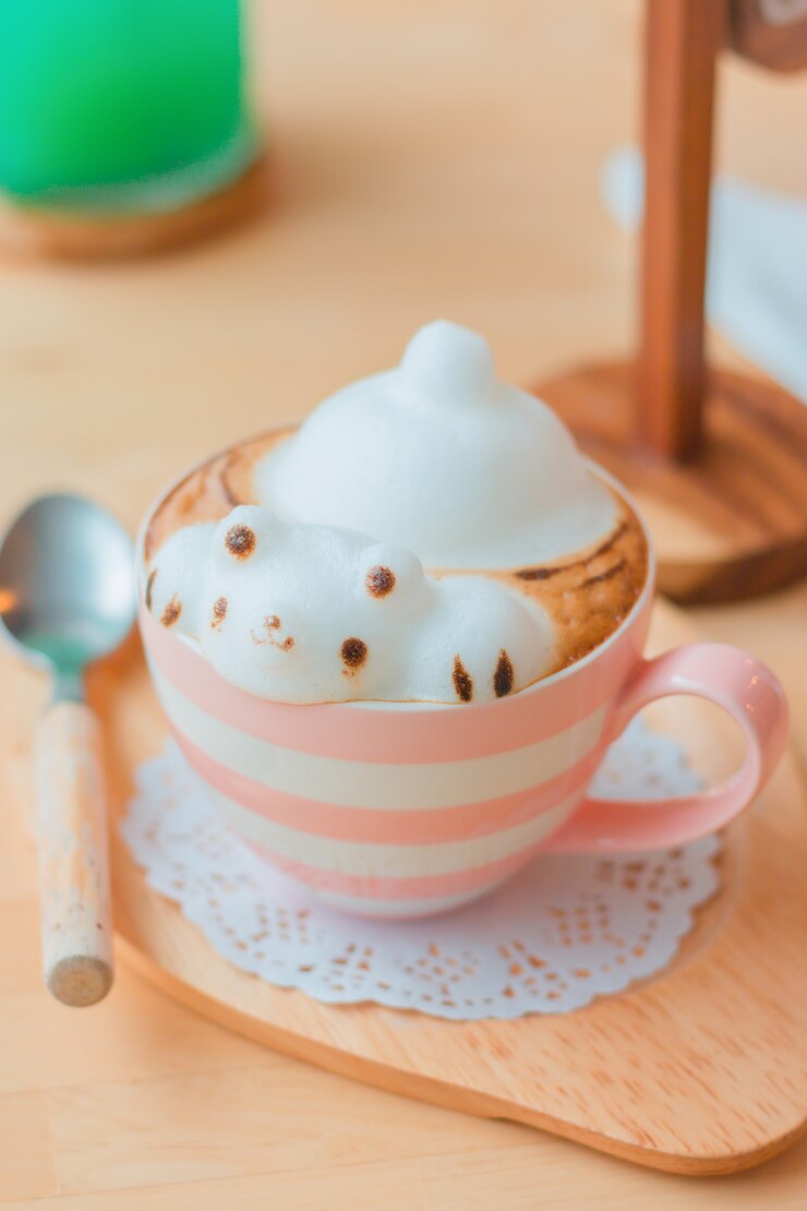 Photo coffee cup with coffee and bear shaped milk foam