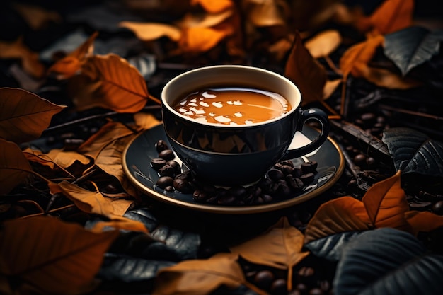 coffee cup with coffee and leaves on a dark background
