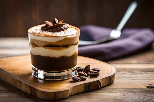 a coffee cup with coffee and a spoon on a wooden cutting board