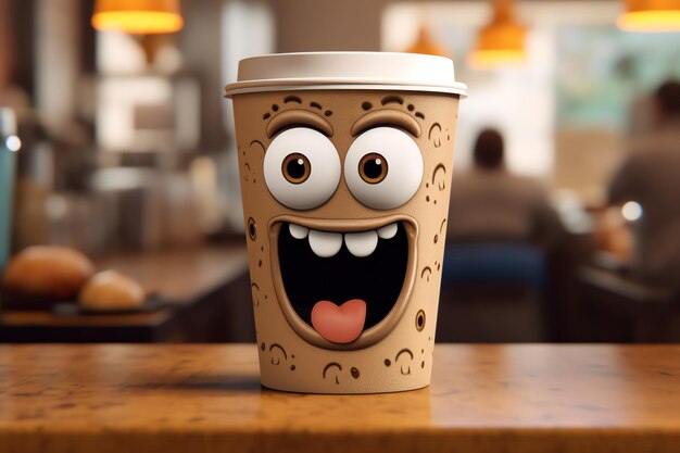 A coffee cup with a cute energized face expression