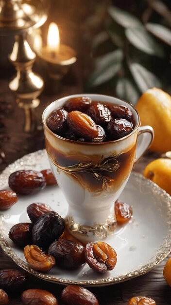 Foto tazza di caffè con datteri, frutta e perline