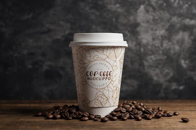 a coffee cup with a design that says coffee beans