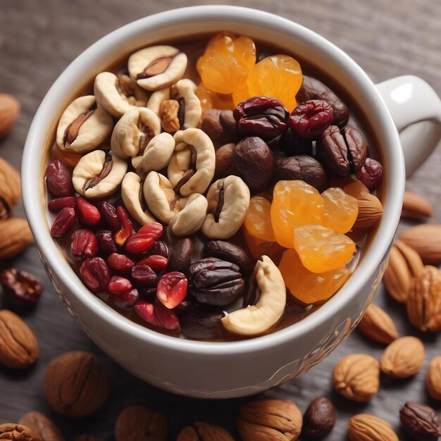 Coffee cup with different dried fruits and nuts