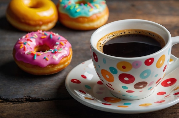 Coffee cup with a donut on a plate