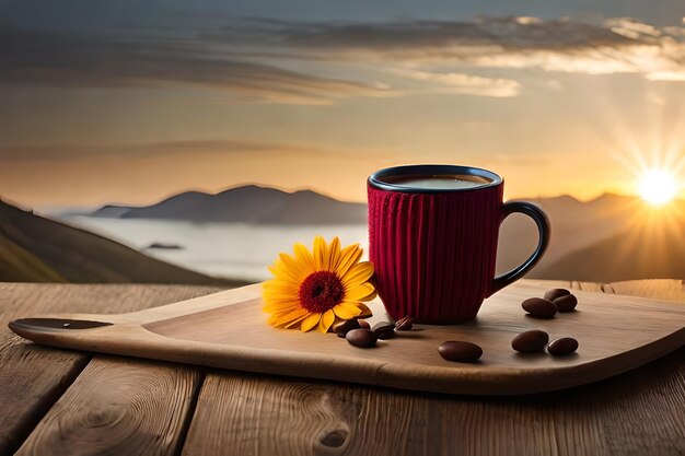 テーブルの上に花が付いたコーヒーカップ