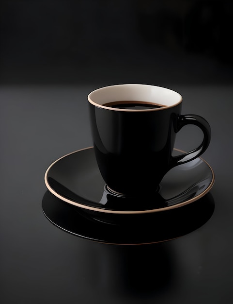 A coffee cup with a handle on top and saucer with a dark background