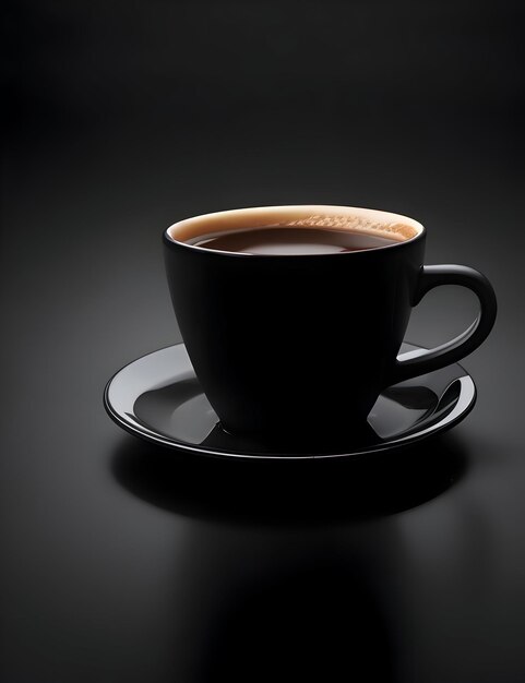 A coffee cup with a handle on top and saucer with a dark background