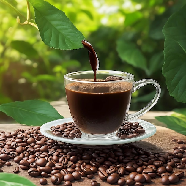 Coffee cup with hot coffee in a coffee garden coffee beans are fallen randomly