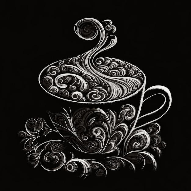 Coffee cup with hot coffee white drawing