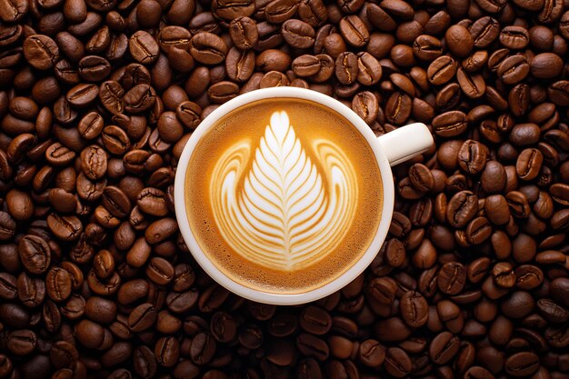 コーヒービーンに囲まれたラッテアートのコーヒーカップ トップビュー 新鮮なカプチーノのカップ 焼きコーヒービンの背景にクローズアップ 新鮮で熱いコーヒーとミルク