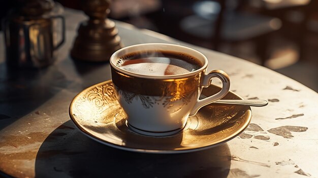 Coffee cup with latte art on wooden table in coffee shop