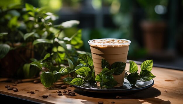 Кофейная чашка с латте-артом на деревянном столе в кафе