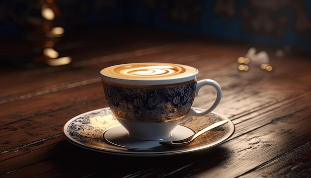 coffee cup with latte on wooden surface