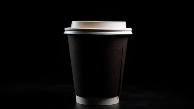 A coffee cup with a lid on a black background.