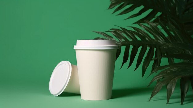 植物の隣にある蓋付きのコーヒーカップ。